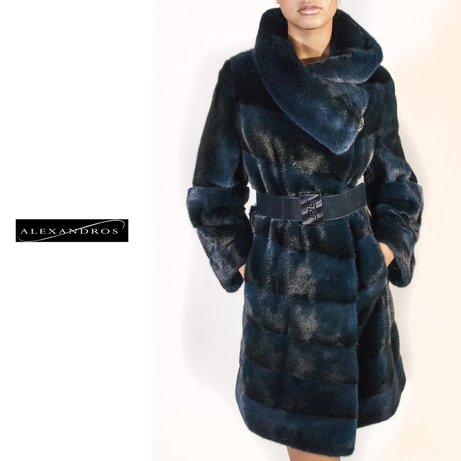 Diagonal Mink Coat with Belt and Full Collar - alexandros-furs