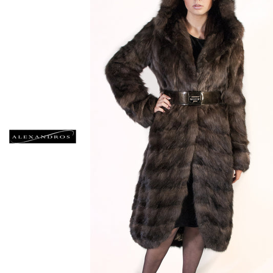 WEB SPECIAL - Horizontal Russian Sable Hi-Lo Coat with Hood - alexandros-furs