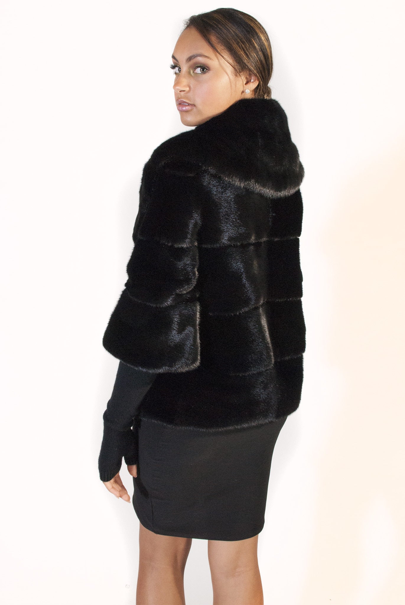 Black Mink Cropped Jacket with Detachable Knit Sleeves and Full Collar - alexandros-furs