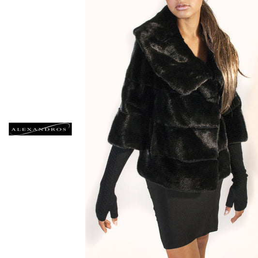 Black Mink Cropped Jacket with Detachable Knit Sleeves and Full Collar - alexandros-furs