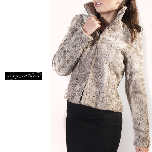 Short Swakara Jacket - Tan-Cream - alexandros-furs