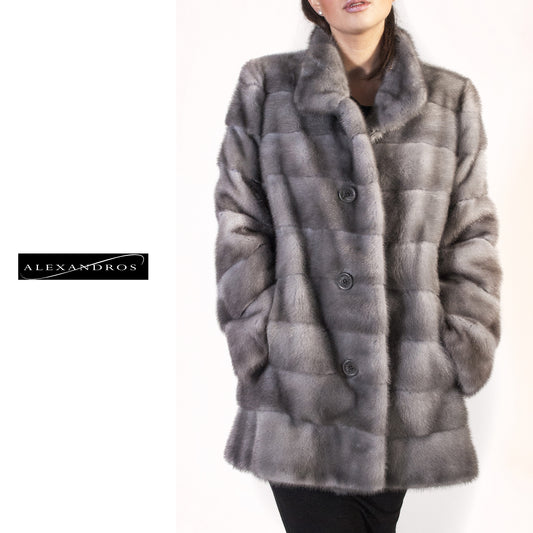 Medium Gray Horizontal Button Down Mink Jacket - alexandros-furs