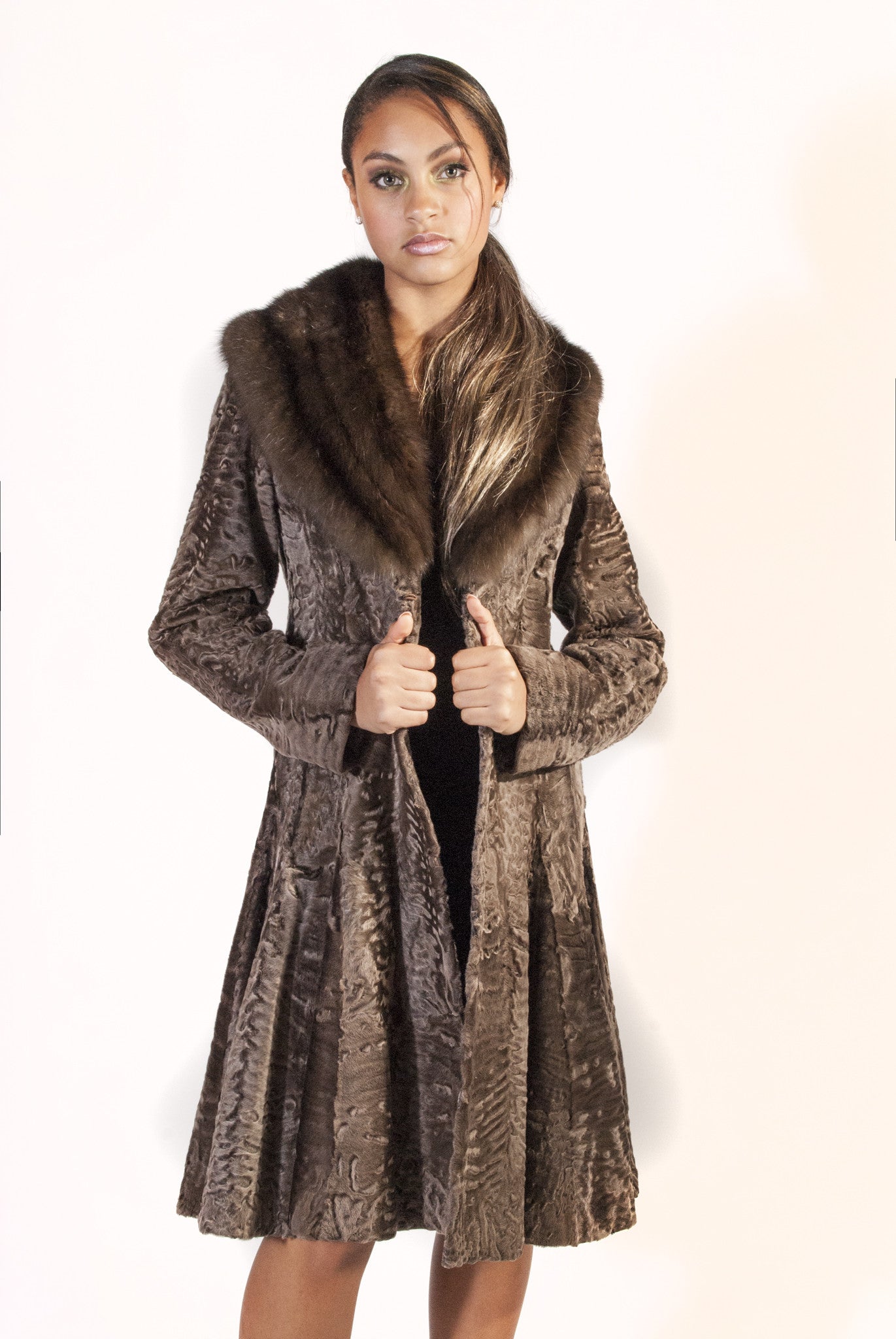 Medium Brown Swakara Jacket with Sable Collar - alexandros-furs