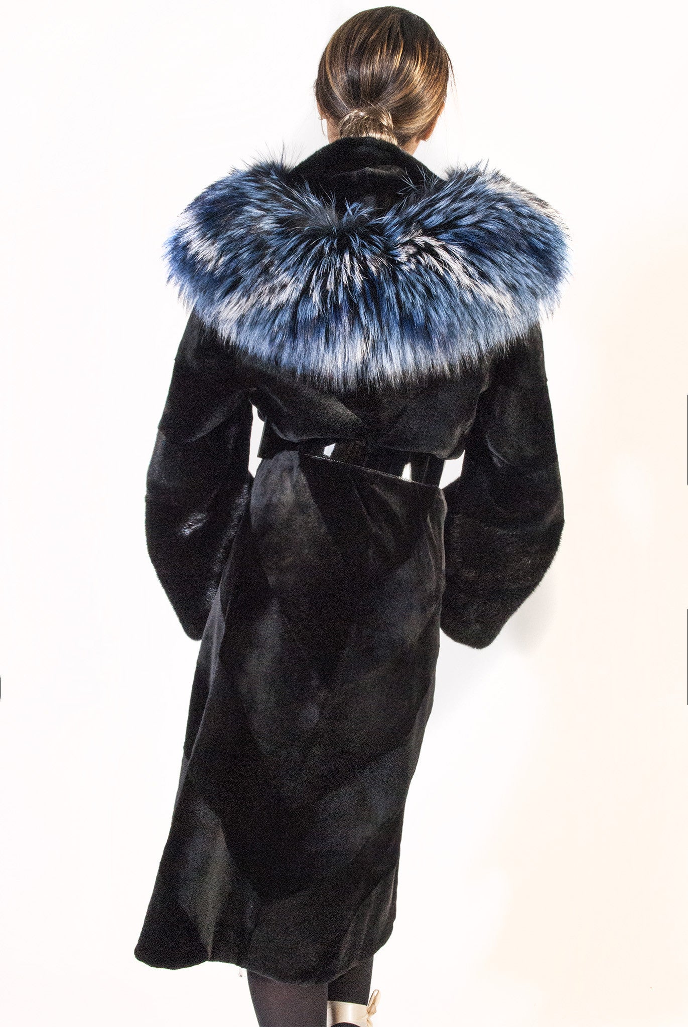 Diagonal Sheared Mink Full Length Coat with Blue Silver Fox Collar - alexandros-furs