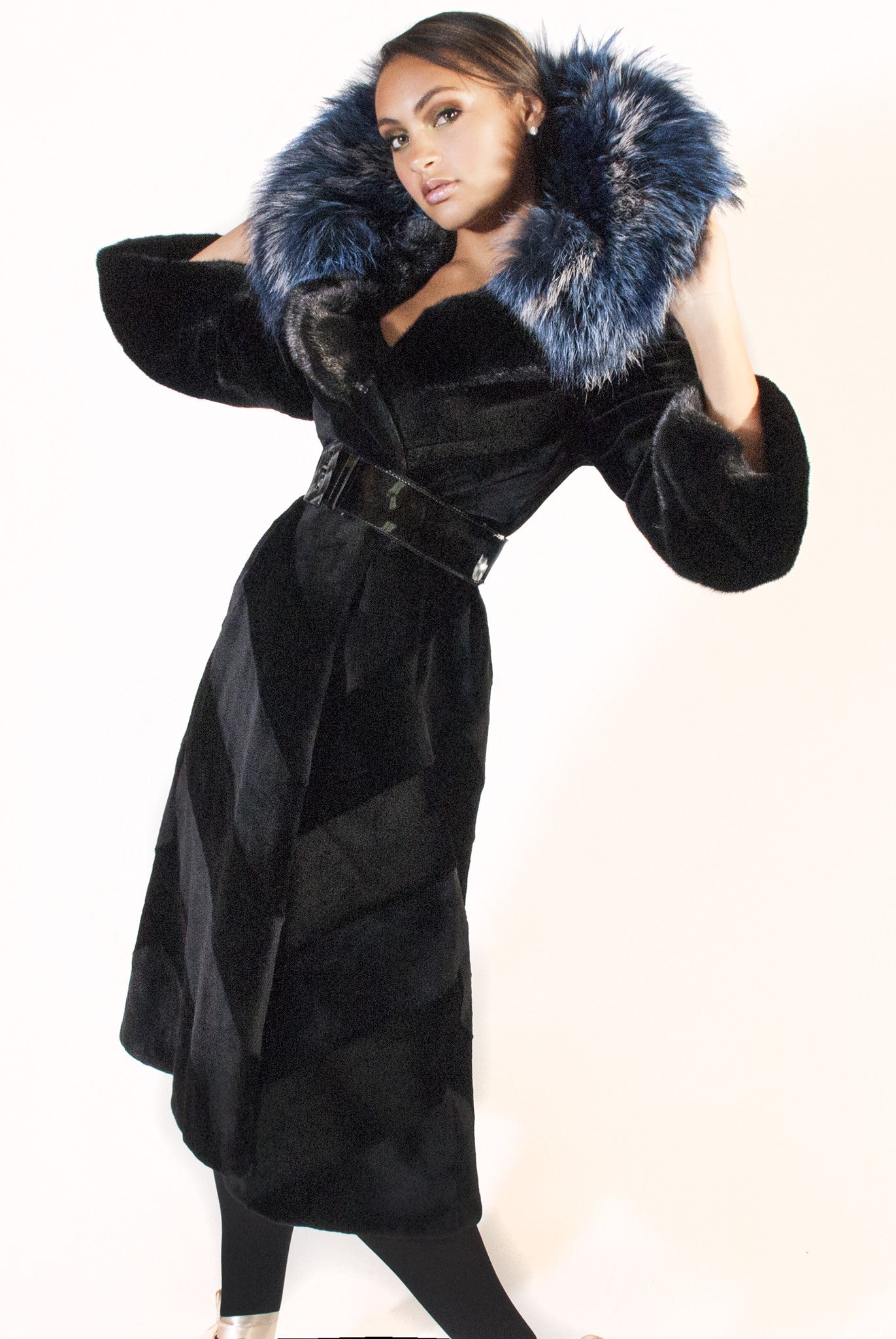 Diagonal Sheared Mink Full Length Coat with Blue Silver Fox Collar - alexandros-furs