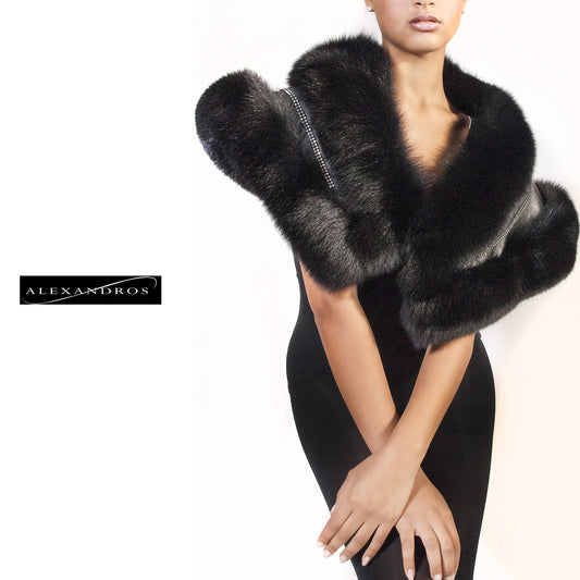 Black Fox Shawl with Leather and Swarovski Crystal Inset - alexandros-furs