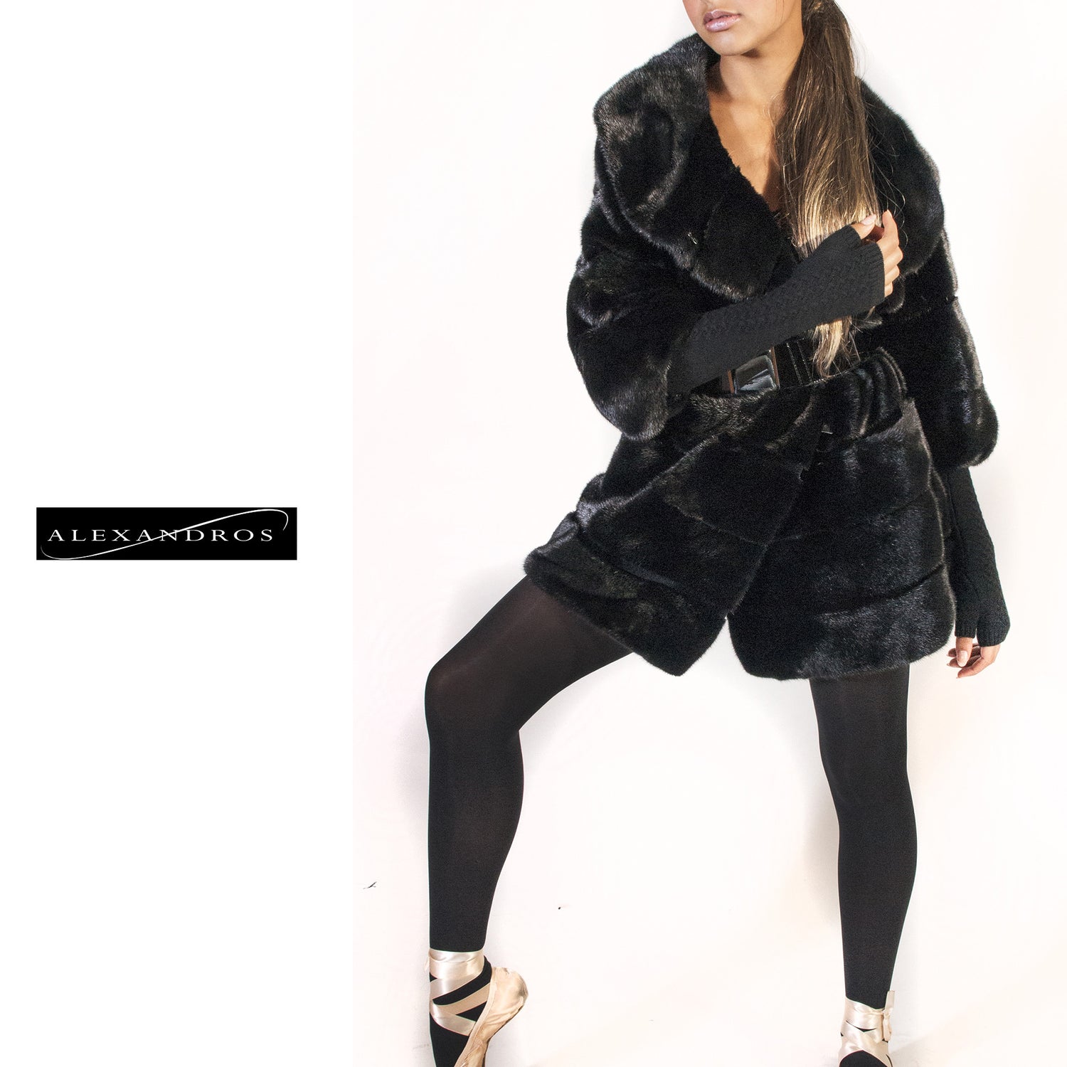 Black Sheared Mink Shawl Collar Coat with Belt - alexandros-furs