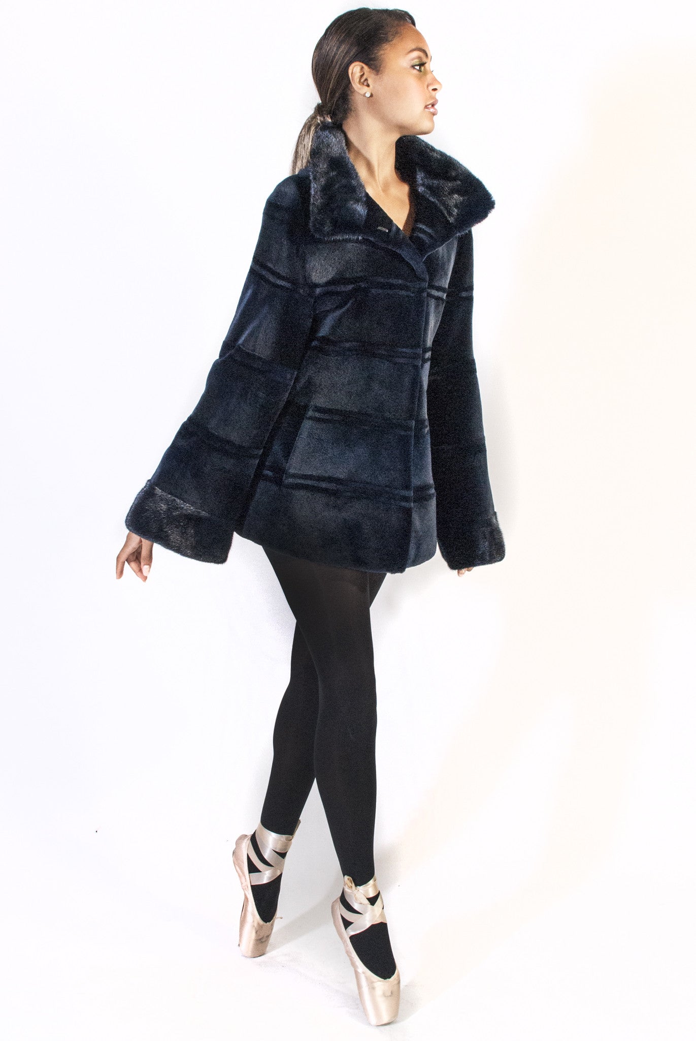 Short Blue Horizontal Grooved Jacket with Bell Sleeves - alexandros-furs