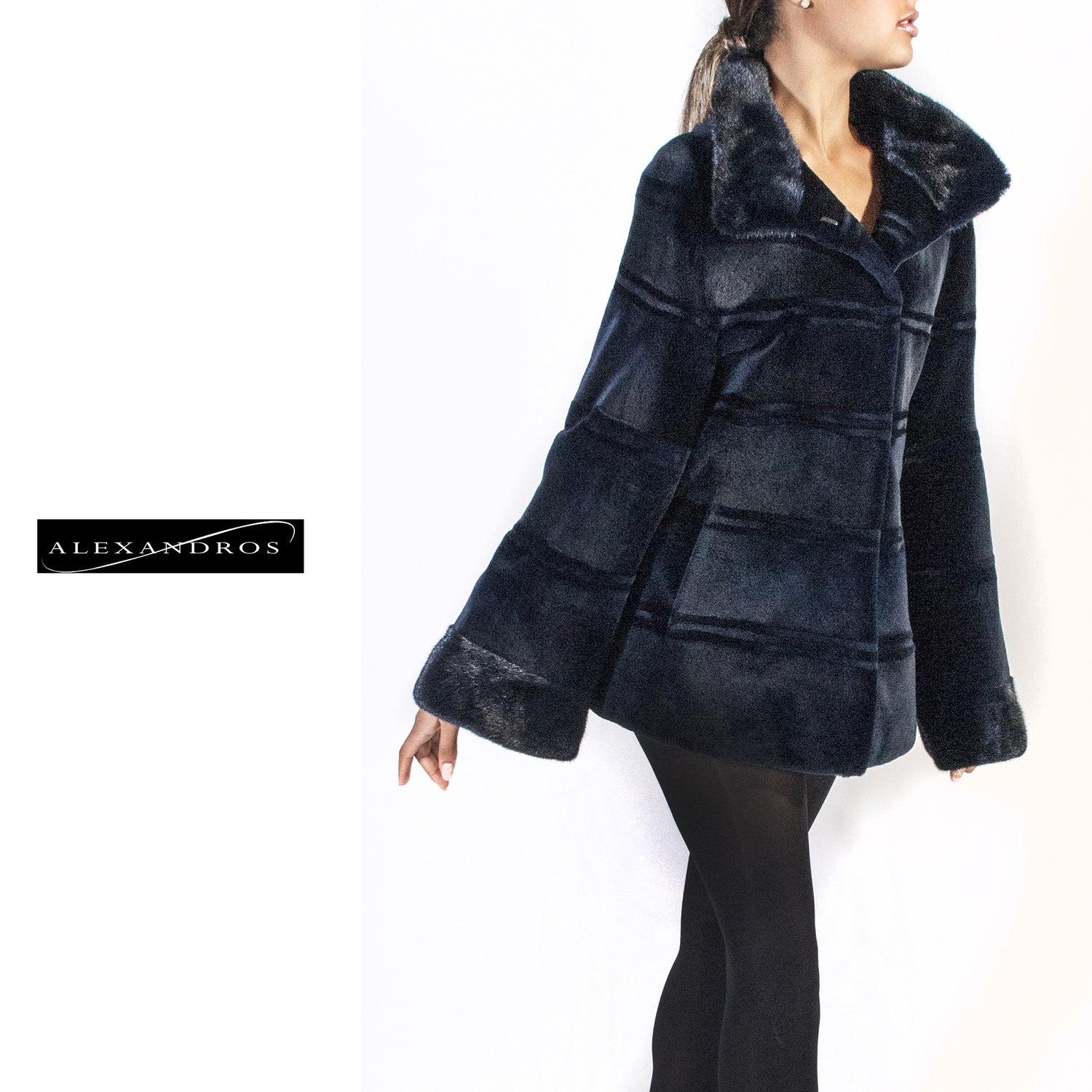 Short Blue Horizontal Grooved Jacket with Bell Sleeves - alexandros-furs