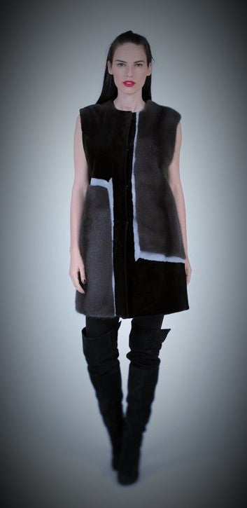 Mink vest with contrast color mink inserts - alexandros-furs